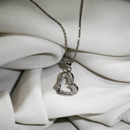 Διπλή καρδιά κολιε απο ασήμι με λευκά ζιργκόν